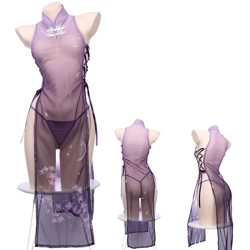 Anime Sakura Cheongsam Unform Cosplay Women Mesh Transparent Flower Dress Purple Qipao Temperament Lingerie Erotic Costume