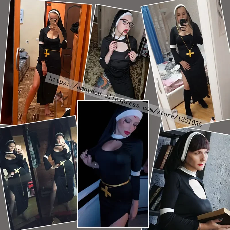 RT01 Umorden disfraces de Halloween para mujeres disfraz de monja Sexy alta división fantasía Adulto Cosplay ropa vestido pañuelo para la cabeza C * JK2