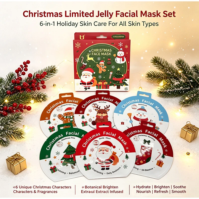 Cute Christmas Facial Mask Gift Box 6PCS Cartoon Pattern Design Deep Hydrating Brightening MaskSet Festive Daily Gentle Skincare
