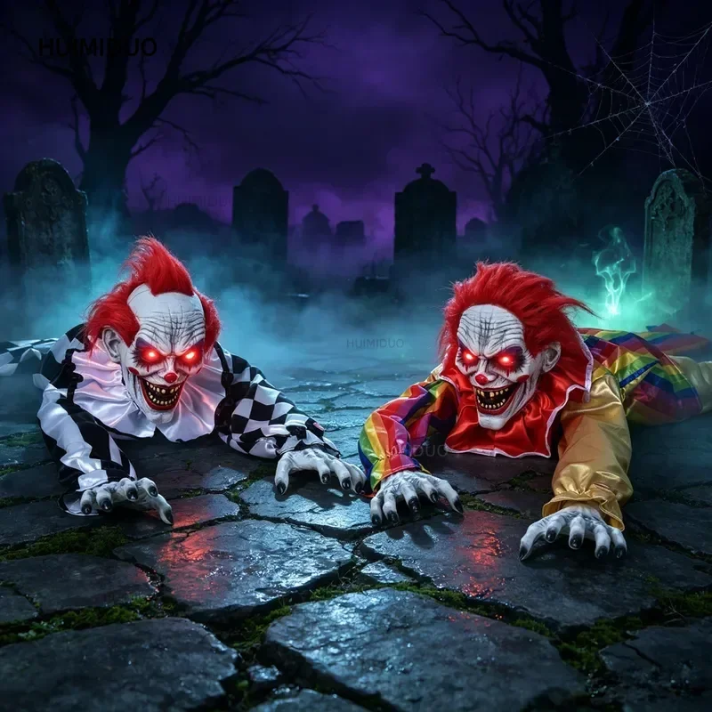 Electric Crawling Clown Toy Halloween Horror Prop Glowing Zombie Figure with Sound Effects for Haunted House Party Decoration