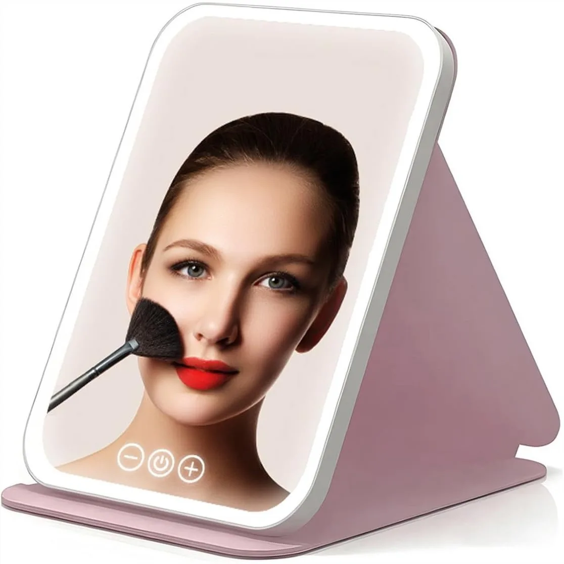 

Travel Makeup Mirror With 3 Adjustable Light Settings USB Rechargeable Touch Screen Dimmable Angle Adjustable Non-Slip Base For On The Go