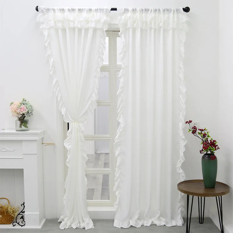 1Pc White Ruffle Curtains Bedroom Living Room Soft Fabric Rod Pocket Light Filtering Curtain for Girls Room Window Privacy Decor