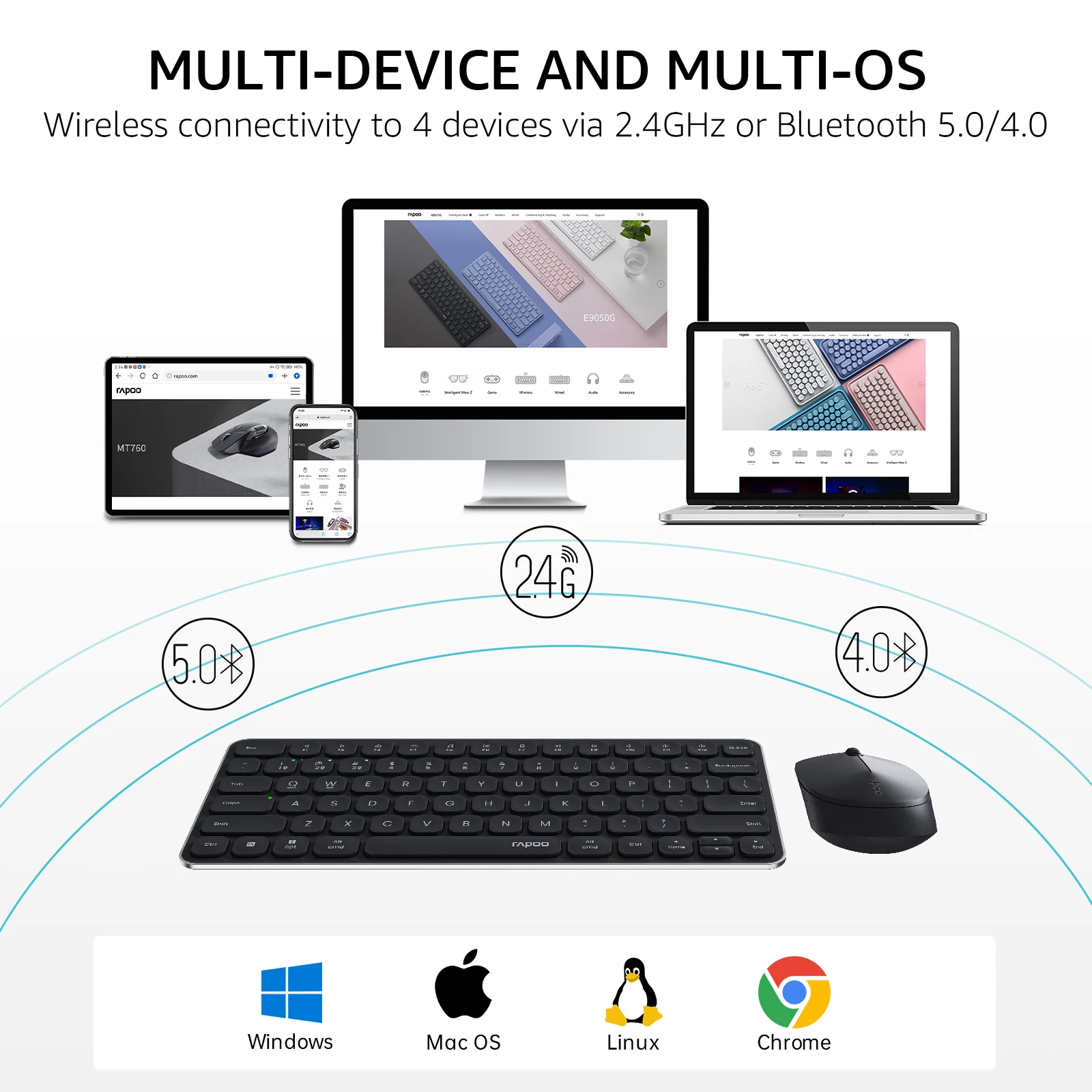 Teclado e mouse sem fio recarregável para macos/ios/android/windows rapoo 9050m multi-modo (bluetooth 3.0/4.0/5.0 + 2.4g)