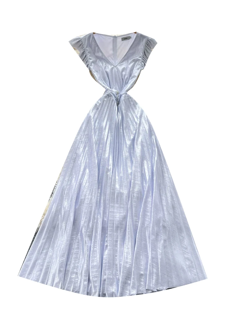 Ele V-Ne Abito estivo lungo in raso Dr da donna con ali di fata Sves Vita alta A-Line Coreano Sle Pendolarismo Dr