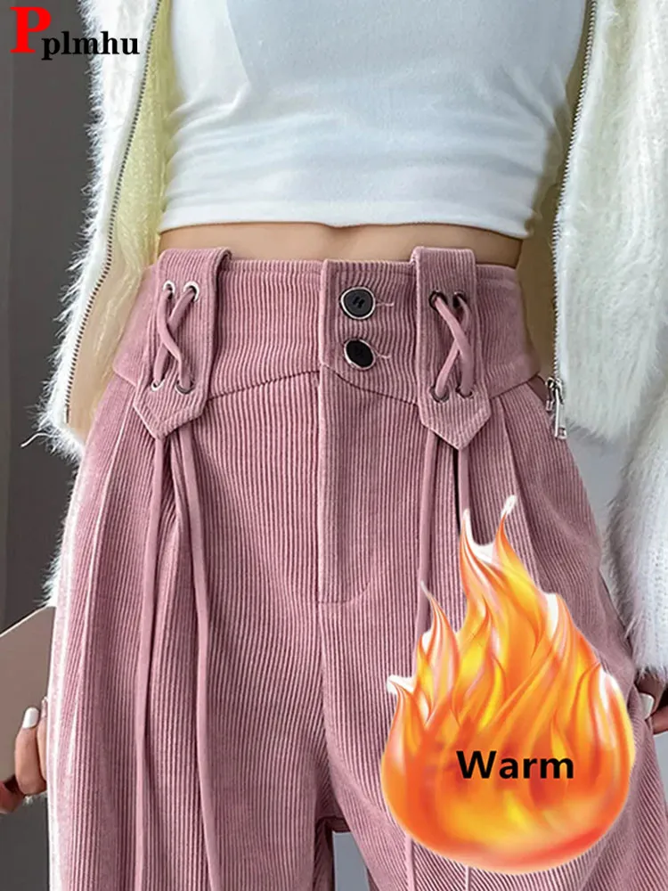 

Warm Corduroy Womens Wide Leg Pants Vintage Thick Straight Pantalones Casual Lace-up Plush Velvet Lined Sweatpants Winter Baggy