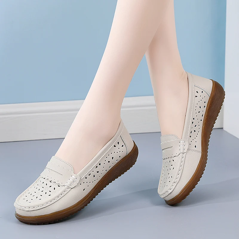 Trendy Hand Sewing Leather Women Casual Shoes Summer Hollow Breathable Loafers Shoes For Women Slip On Ladies Moccasins Shoes