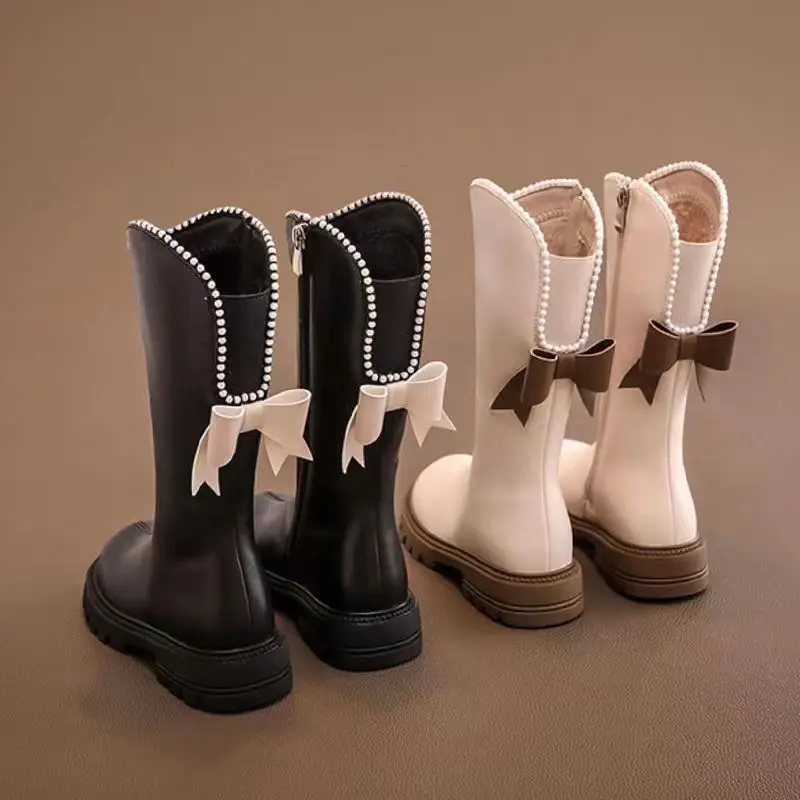 Long Boots for Girls and Children 2025 New Spring Long Leather Boots Princess Foreign Girls Plus Cashmere Shoes