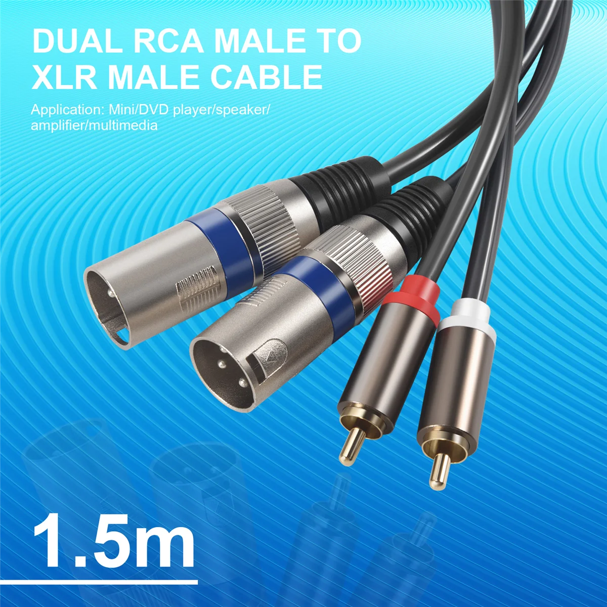 สาย RCA ตัวผู้คู่เป็น XLR ตัวผู้ยาว1.5ม. 2 XLR ถึง2สายเครื่องขยายเสียงสเตอริโอ RCA ปลั๊กตัวแปลง HIFI สำหรับลำโพง miniphone