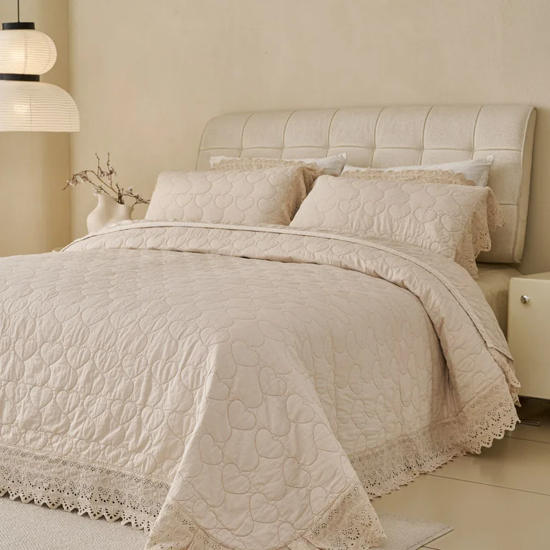 High Quality Embroidered Quilt Set, Solid Color Soft Cotton Sandwashed Quilted Bedspread 3PCS with Lace, Luxury Home Textile 2