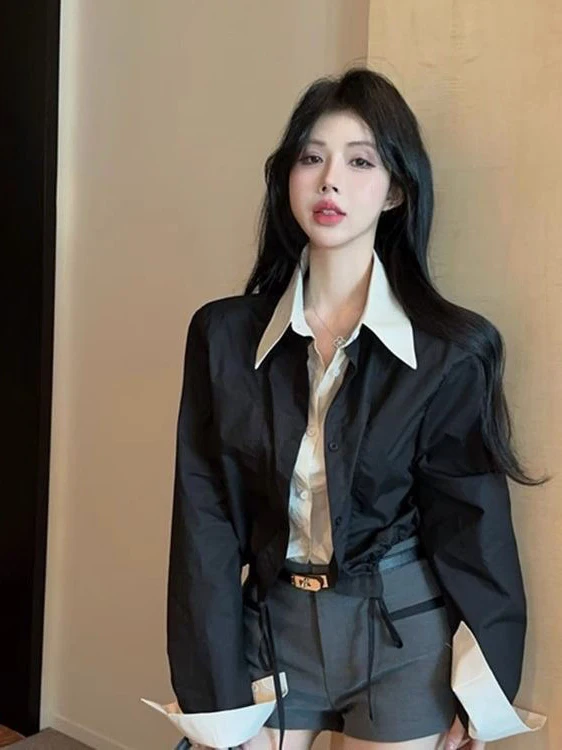 

Fall 2025 Women's Long Sve ort Coat Design Sense Top Trendy Single Button Plaet Splice Fake Two-Piece irt Commute Sle