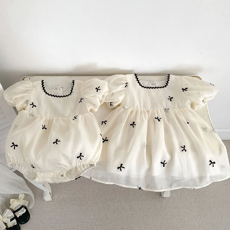 Kids Sisters Clothing Summer Baby Girl Dress Infant Girl Cute Bow Gauze Dress Sisters Puff Sleeve Toddler Sweet Princess Dress