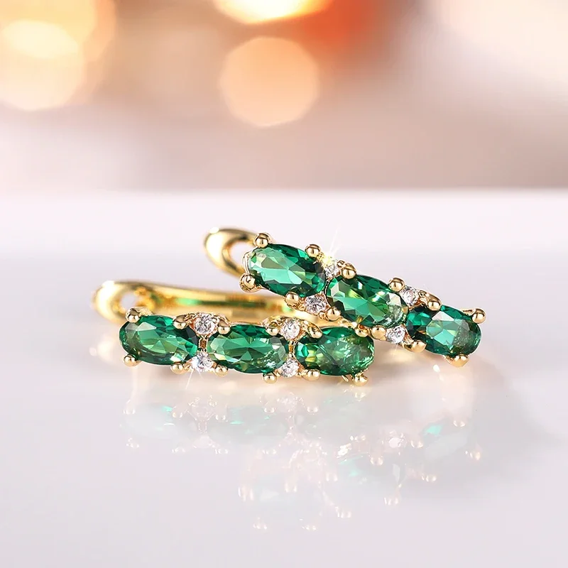 Huitan Fresh Shiny Green Cubic Zirconia Hoop Earrings for Women Newly Trendy Party Ear Accessories Daily Wearable Jewelry Gifts