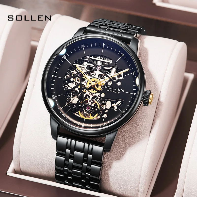 

SOLLEN Brand Fashion Skeleton Mechanical Watch for Men High-end Stainless Steel Waterproof Luxury Automatic Hollow Watches Mens