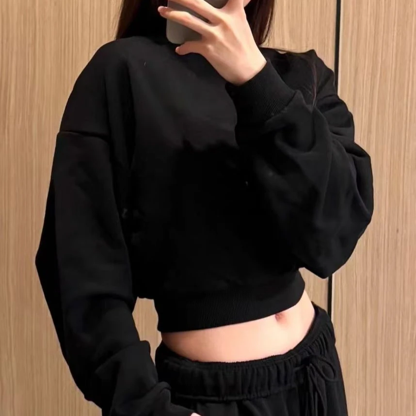 

Goddess Women's Short Style Cropped Crewneck Sports Yoga Solid Color Hoodie Autumn/Winter Loose Comfortable Long Sleeve Top