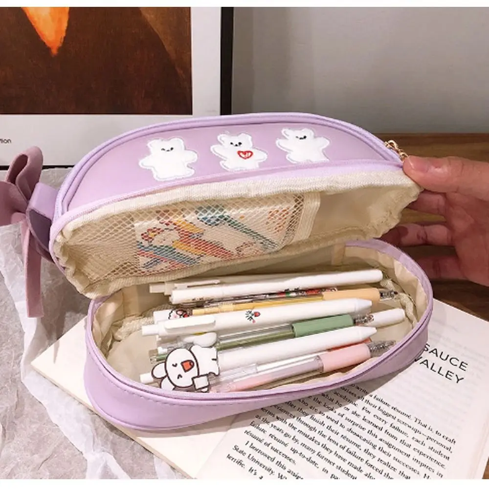 Urso portátil caso de lápis morango sorriso cereja bonito saco de lápis couro do plutônio papelaria dupla camada caneta bolsa escola