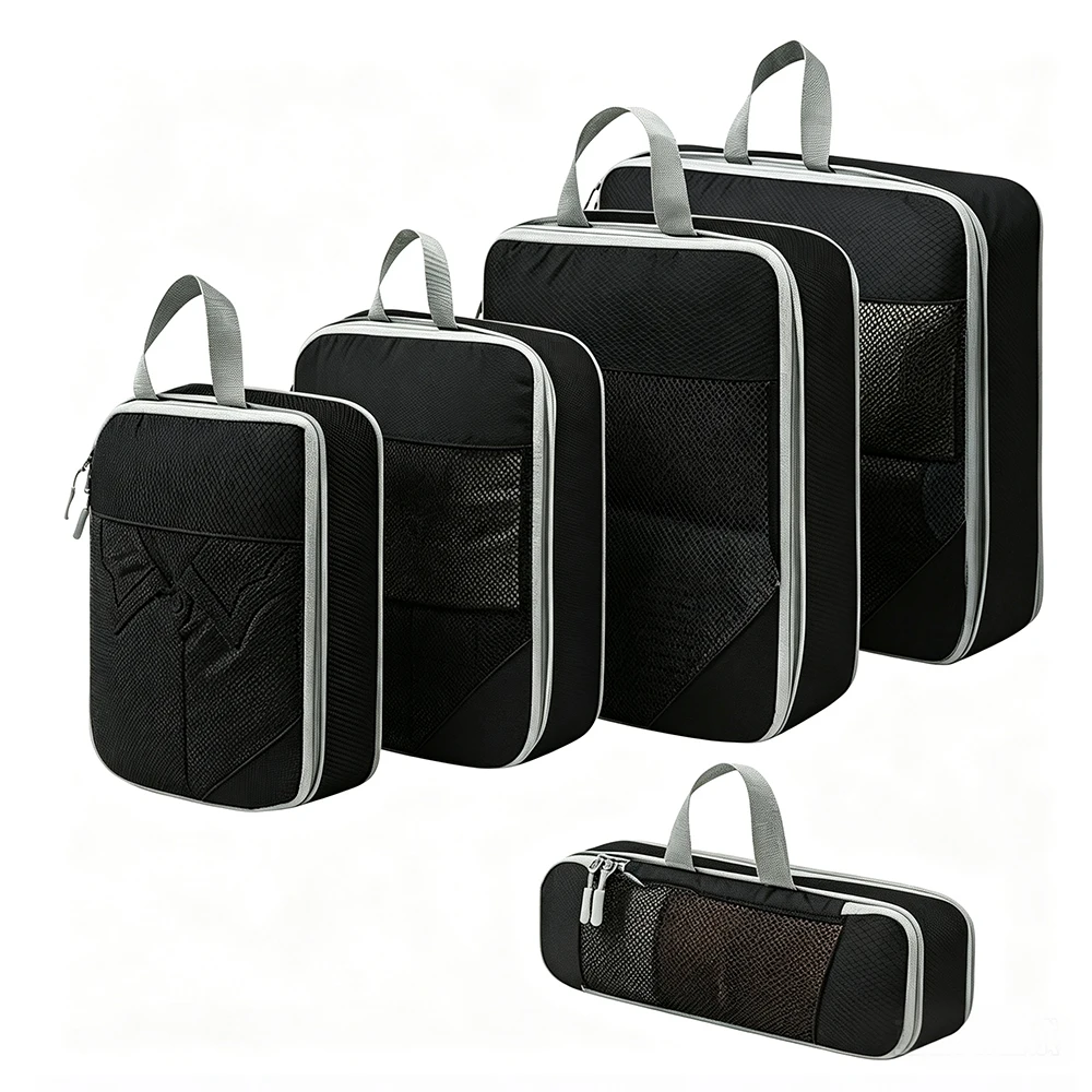 5 Pcs Compressible Packing Cubes Set Expandable Travel Storage Bags Mesh Visual Luggage Organizer Bag Waterproof Clothes Pouches