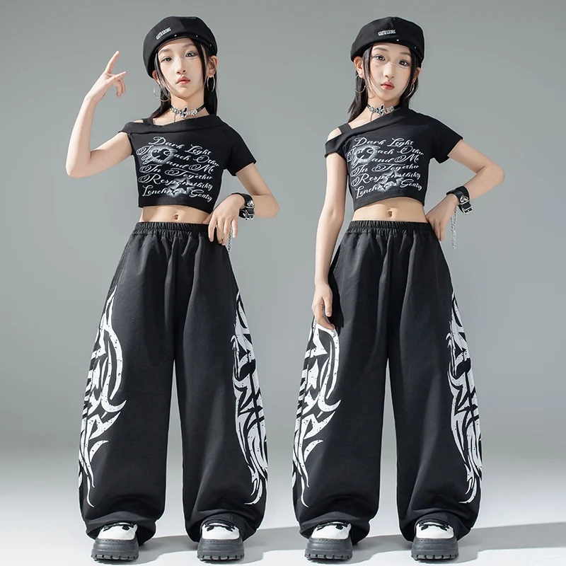 

New Black Hip Hop Jazz Dance Clothes Girls Short Sleeves Navel Tops Pants Summer Kids Kpop Street Clothing Practice Wear BL16002