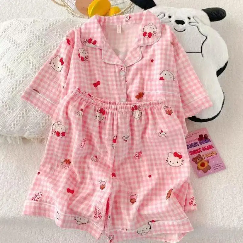 

Комплект пижам Y2K в стиле аниме Hello Kitty для женщин: домашняя одежда, мультяшный дизайн, для улицы, милая домашняя одежда для студентов, кавайная одежда для дома, подарок для девушки