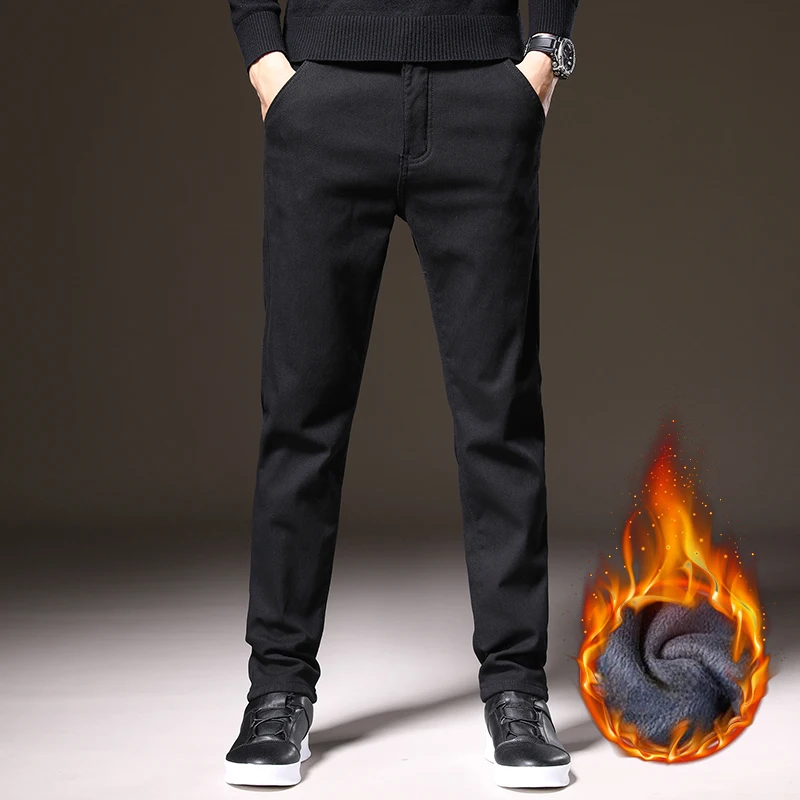 Thickened Fleece Lined Mens Casual Pants Winter Warm Soft Fabric Elastic Straight Pants Comfortable Daily Wear Slim Fit Trousers