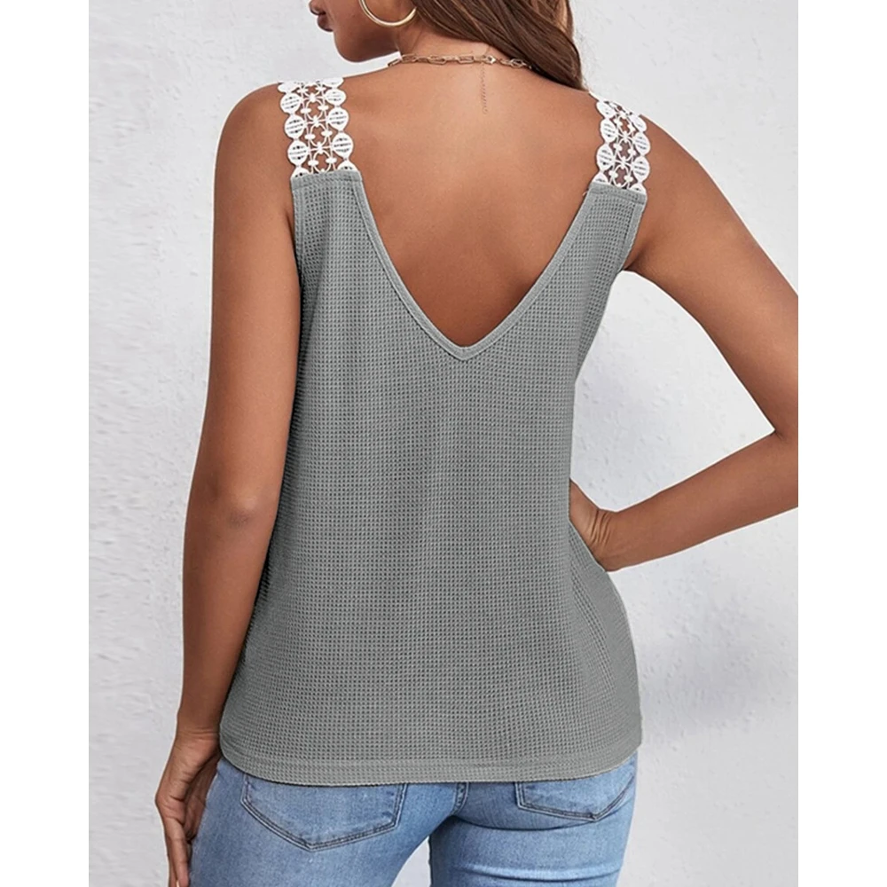 Camisetas sin mangas con cuello en V de encaje en contraste para mujer, Camisetas Básicas de decoración informal para mujer, camiseta sin mangas a la moda, ropa de calle 2024