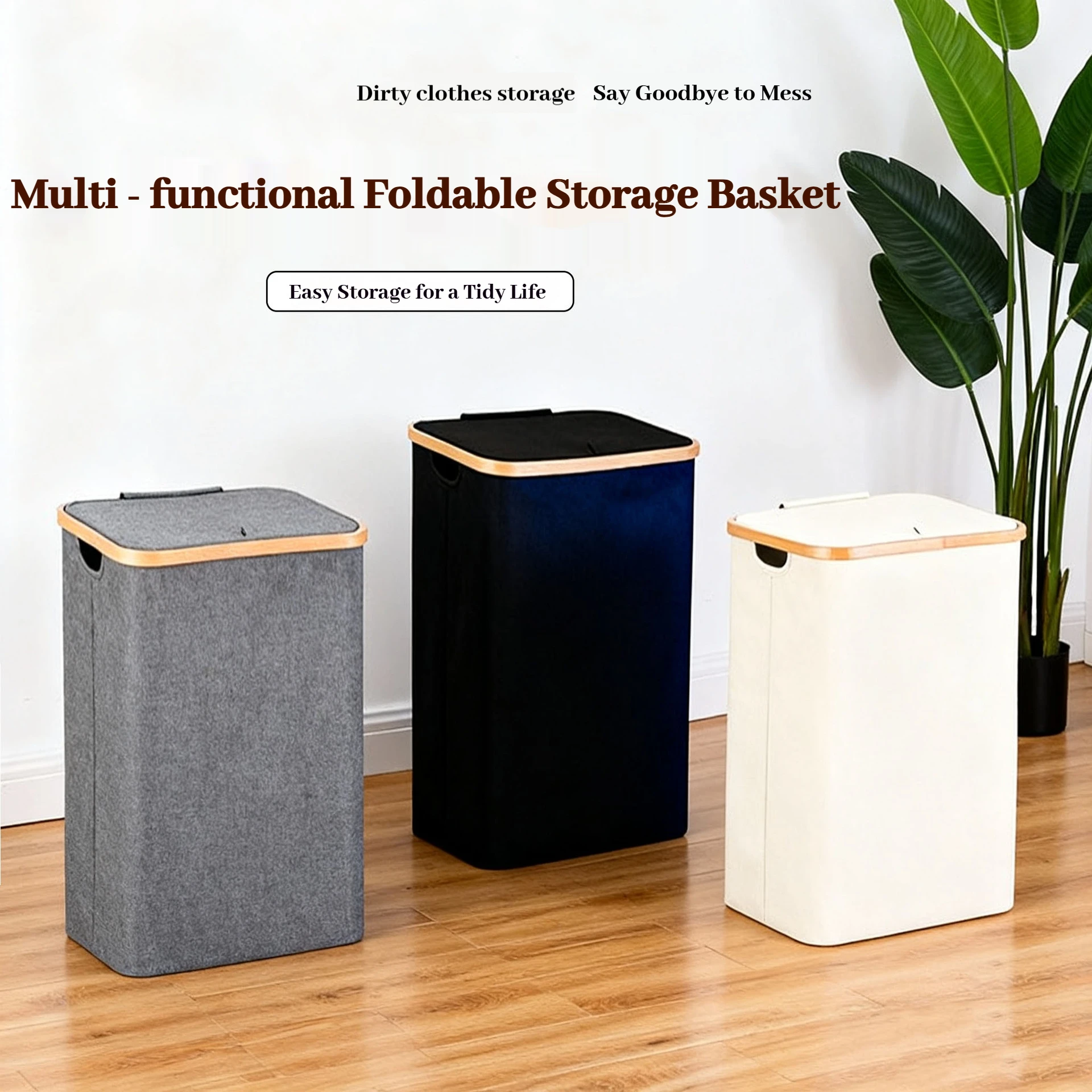 Collapsible Oxford Laundry Hamper Bamboo Frame Basket Removable Inner Liner Clothes Toy Storage Bin Bedroom Bathroom Organizer