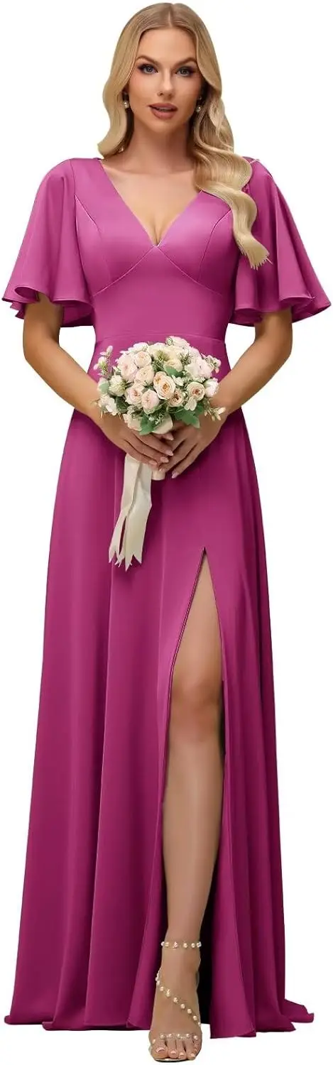Свадебная вечеринка, шифоновое платье подружки невесты с короткими рукавами для женщин, элегантное макси-платье с разрезом и длинным вырезом, вечернее коктейльное платье