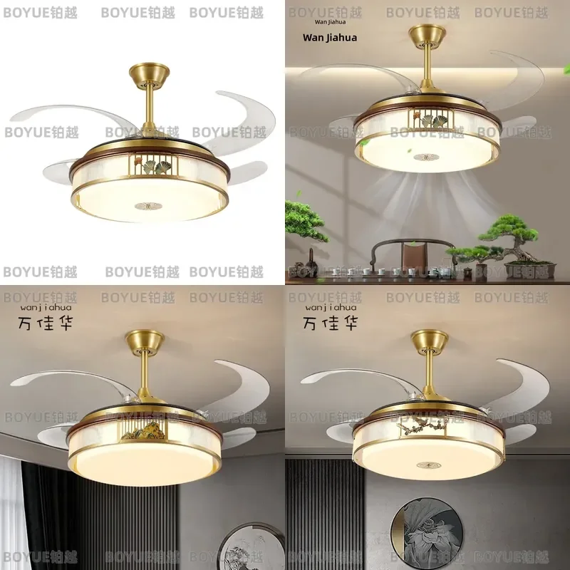 New Chinese Style Solid Wood Ceiling Fan Light All Copper Silent Living Room Dining Bedroom Lamp with Sensor Modern Home