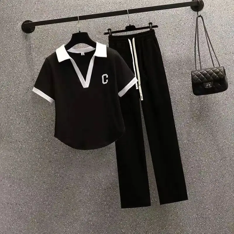 Leisure Sports Set Women's Summer New Korean Polo Shirt Slim Fit Short Sleeve Top Casual Pants Age Reducing Two Piece Set