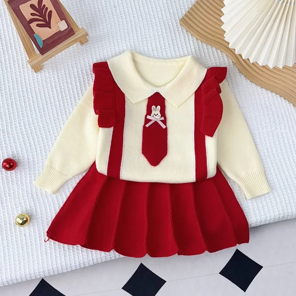 

Baby Girl Clothes Color Blocked Lapel Bunny Tie Top+short Skirt Red Christmas Suit Winter Fashionable Flower Girl Clothing