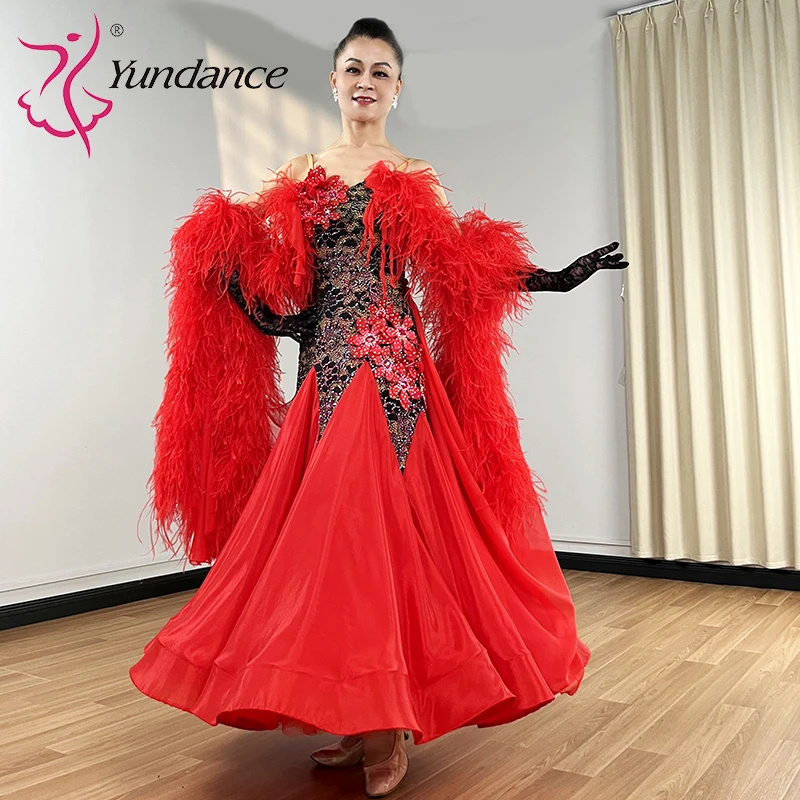 B-25118 Yundance Ballroom Dance Dress Women Adult Competition Stage Waltz Lyrical Modern Costume Rhinestone Red Satin Chiffon