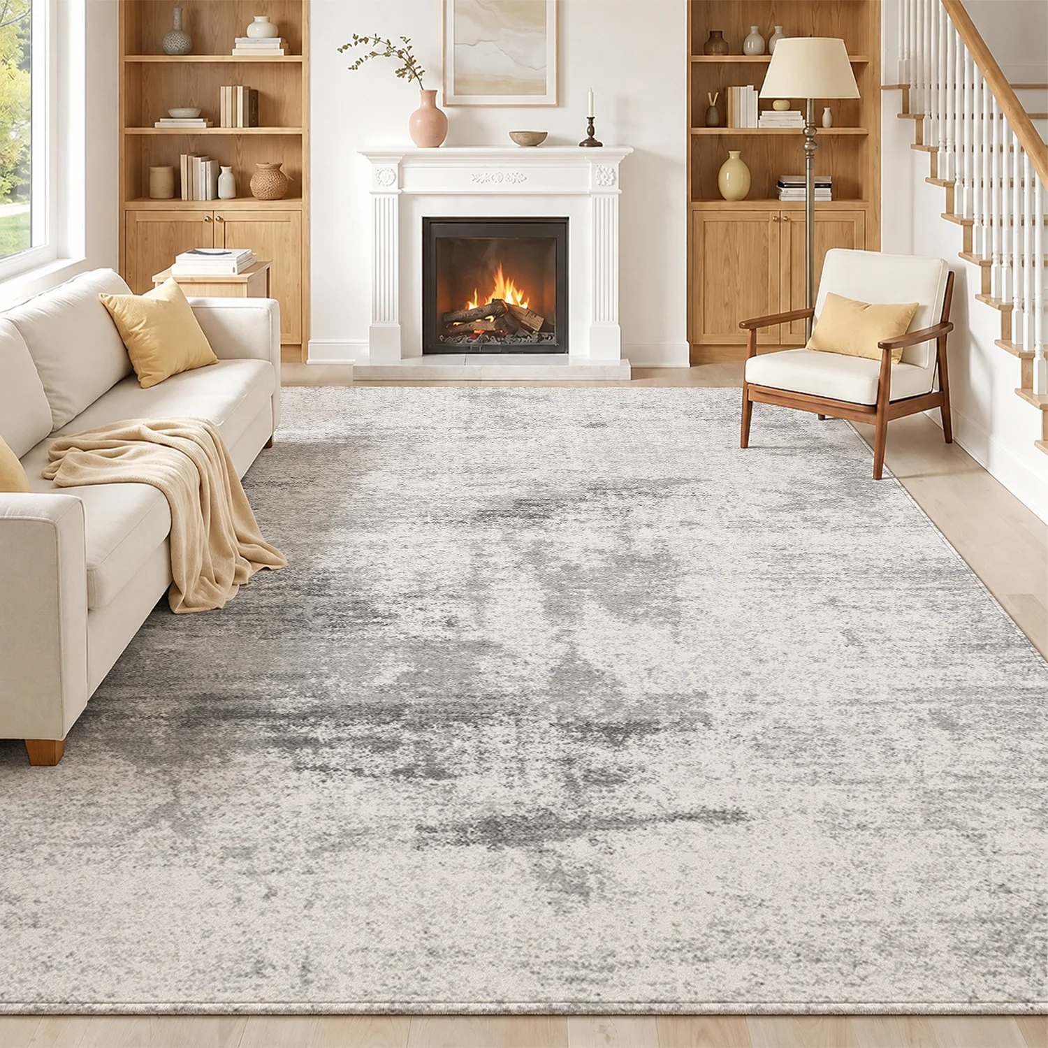 Large Indoor Area Rug, Soft Velvet Low Pile Rug with Non-slip Dotted Backing, Machine Washable Modern Abstract Distressed Gray Rug for Living Room, Bedroom, Home Decor