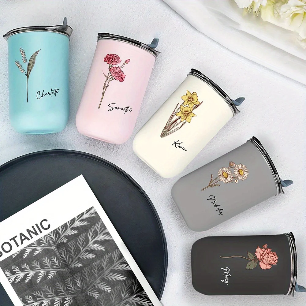 Personalized Birth Flower Coffee Tumbler, Custom Name Stainless Steel Travel Mug, Custom Floral Thermal Cup Gift For Women view 4