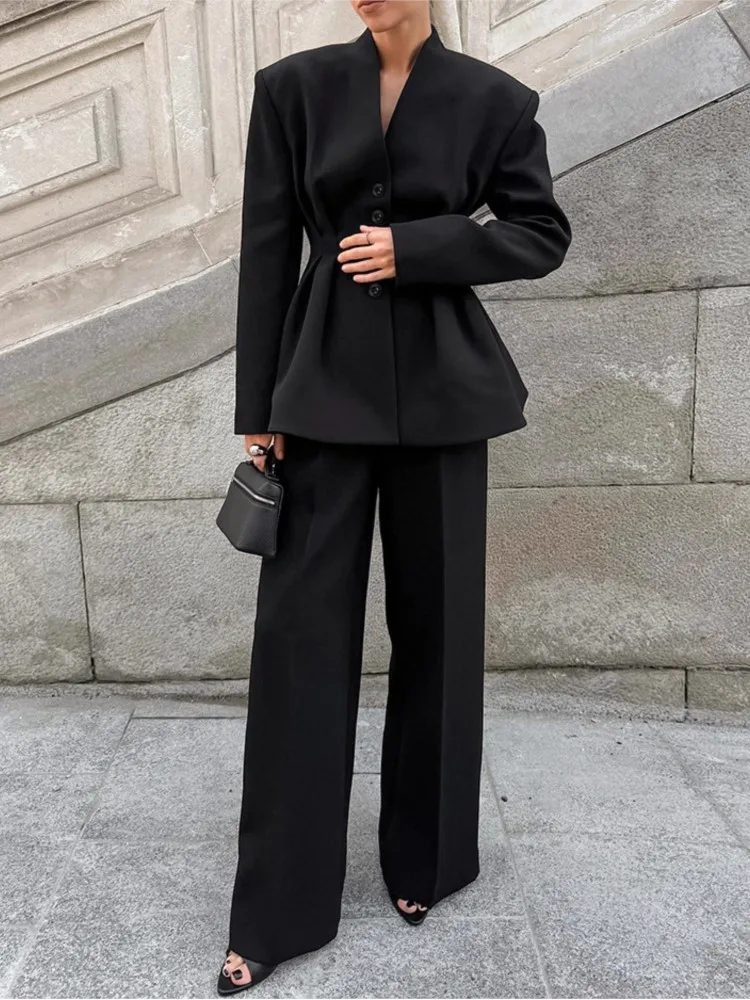 

New Black High-end Long-sleeved V-neck Pleated Waisted Suit Jacket Trousers Two-piece Autumn And Winter Women's Commuting Suit