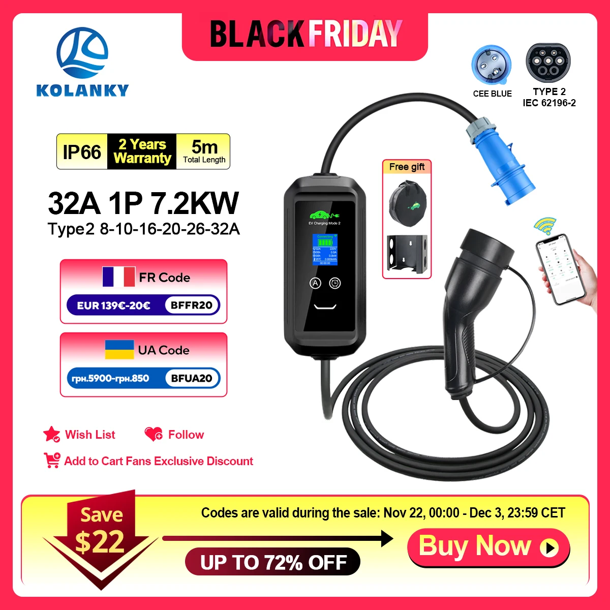 Moible EV Charger 32A 7.2kw Type 2 Adjust by APP Bluetooth Wifi Charging For Eletric Vehicle Hybrid Cars Cable 5M