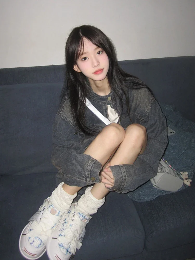 Streetwear Women Coat Harajuku Casual Fashion Oversized Outwear Y2k Tops  Ropa Mujer Vintage Stand Neck Denim Crop Coat