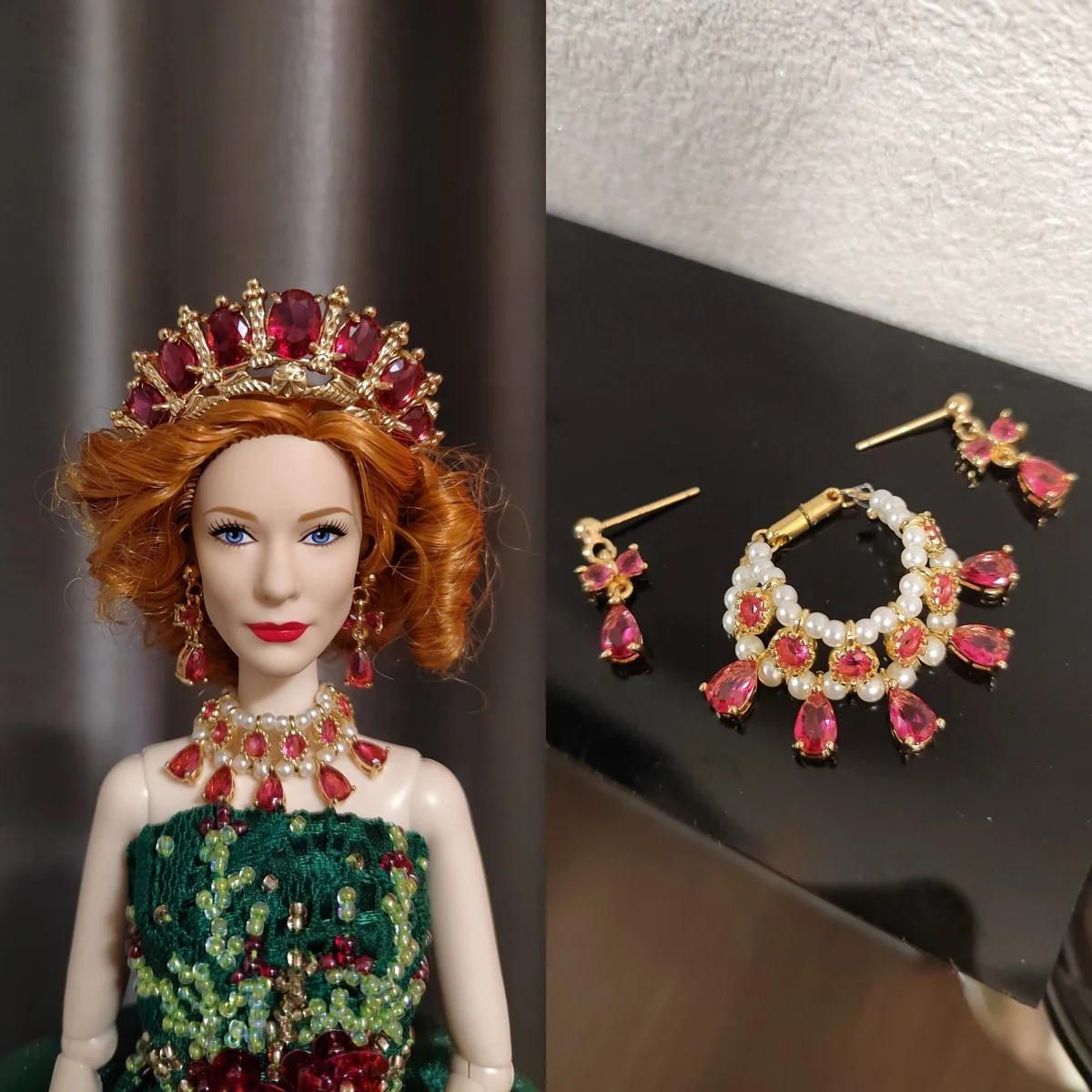 

1/6 супермодель куклы, оригинальный дизайн, ювелирные аксессуары, роскошное ретро жемчужное ожерелье с бриллиантами + серьги, модное платье для куклы