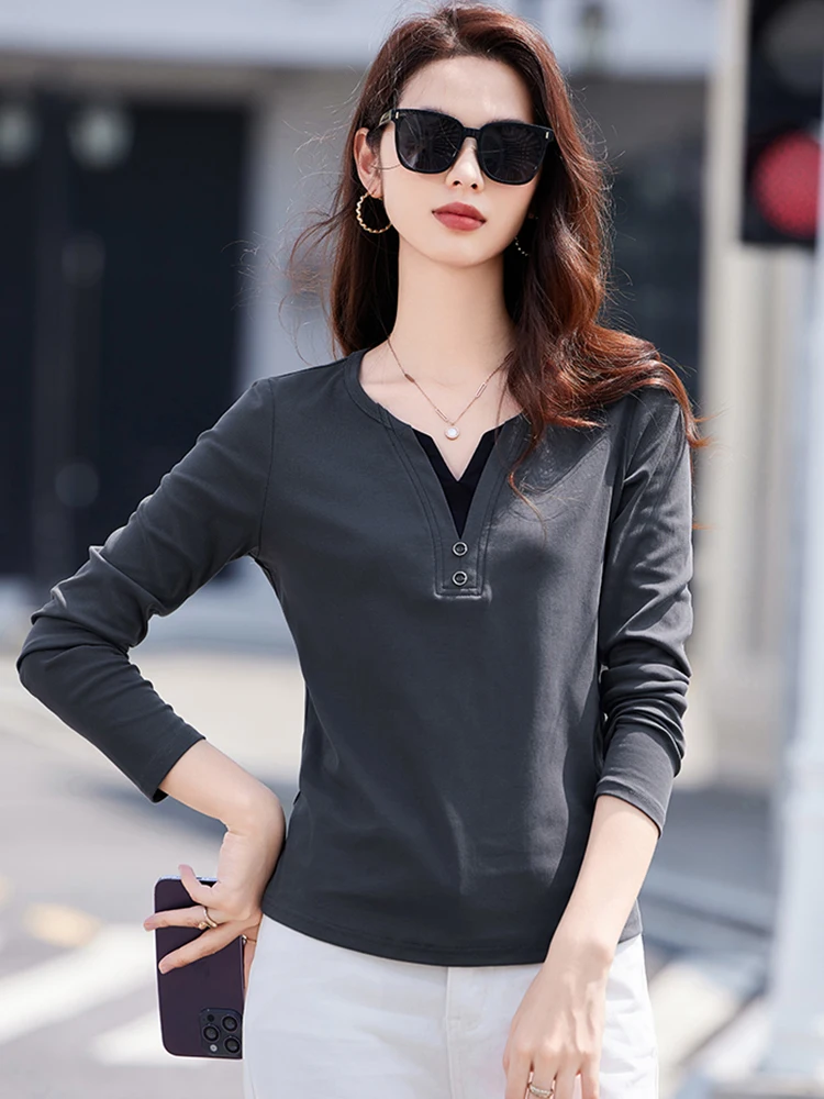 New Women Contrast Color Cotton T-shirt Spring Autumn Fashion Patchwork Small V-Neck Long Sleeve Tees Tops Casual Slim T-shirt