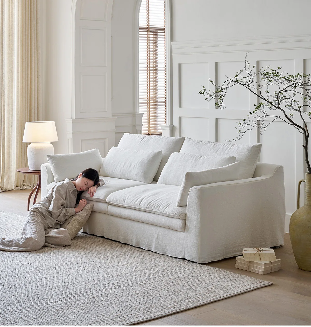 

Fabric wabi sand wind cotton and linen sofa modern three person straight row removable living room linen sofa