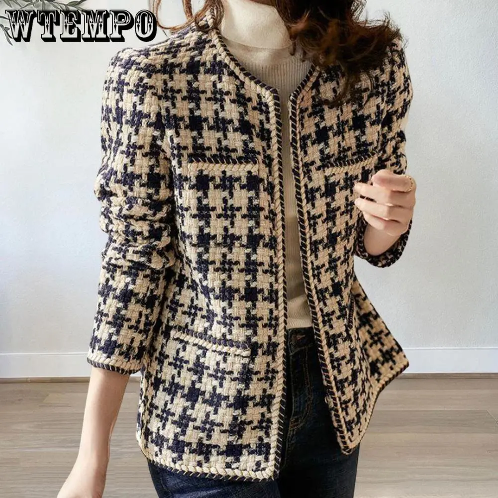 WTEMPO Vintage Early Autumn Tweed Women Jacket Elegant Grid Lady Winter Cardigan Open Front Plaid Outwear