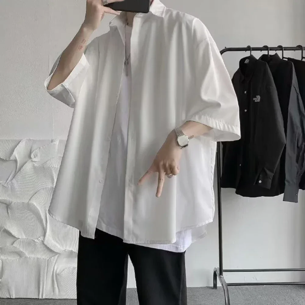 

Casual Mens Shirts Ice Silk Shirts Lapel Neckline Short Sleeve Slight Stretch Solid Color Fashion Korean Style
