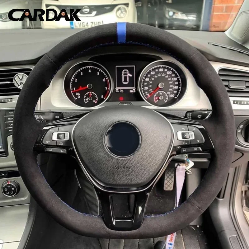 CARDAK IY Black Suede Car Steering Wheel Cover For Volkswagen VW Golf 7 Mk7 New Polo Passat B8 Tiguan Sharan Jetta