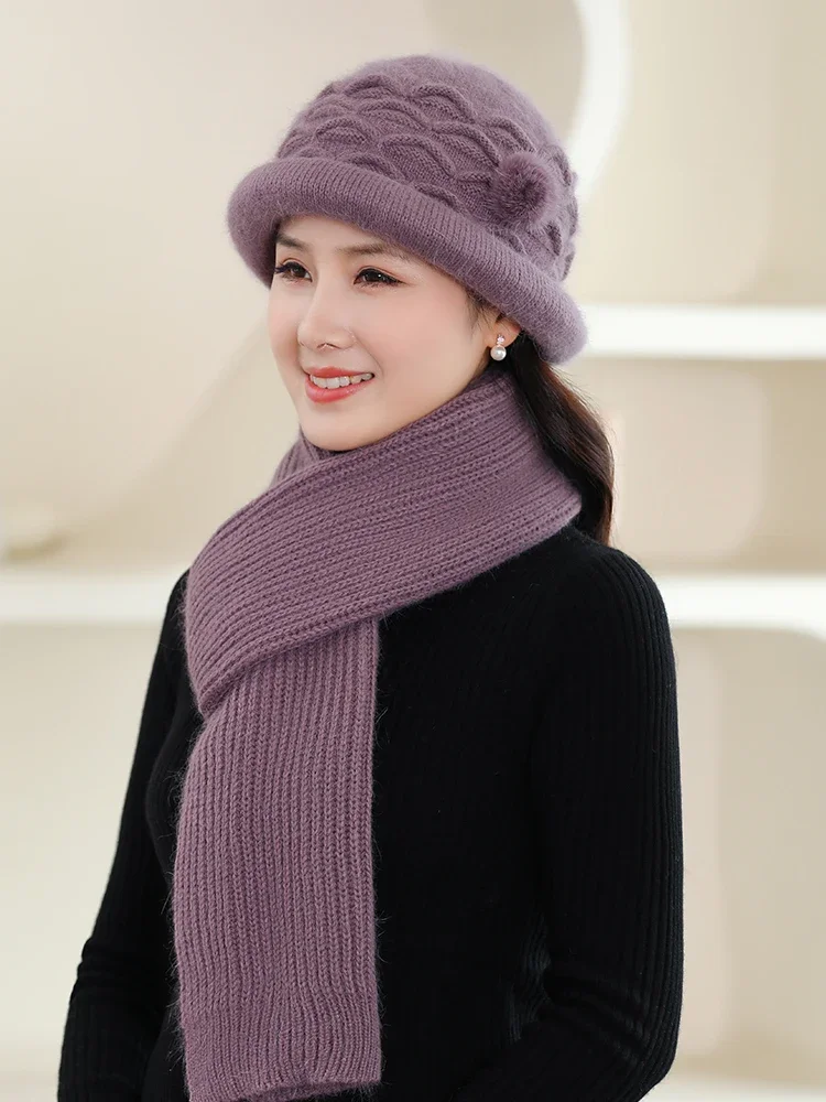 Middle-aged and Elderly Mother Hat Woman Autumn and Winter New Thick Warm Rabbit Hair Hat with Velvet Ear Protection Wool Hat