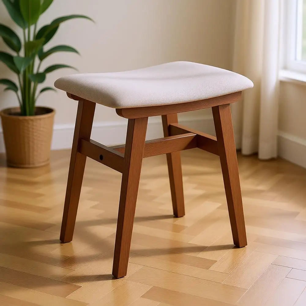 

Walnut Makeup Vanity Stool with Cushion, Compact Design for Home, Easy Assembly
