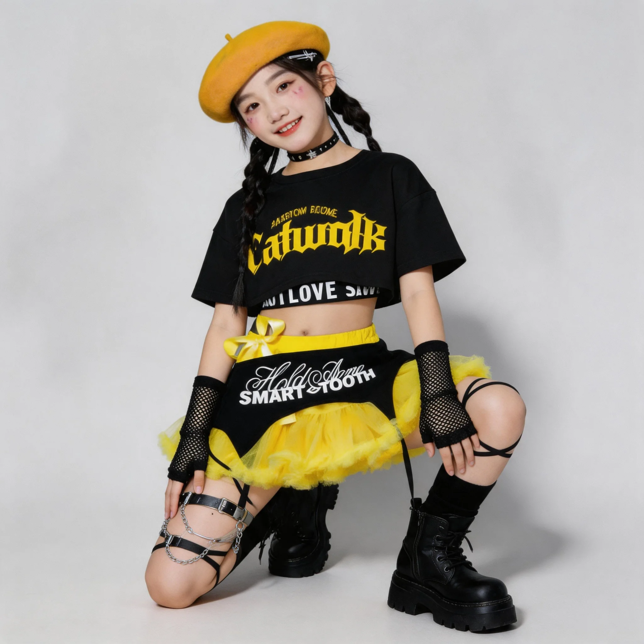 

Kids Girls Kpop Streetwear Hip Hop Jazz Dance Set Sweet Crop Top Cargo Pants Girl Group Stage Costume