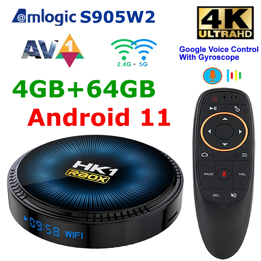 HK1 RBOX W2 Amlogic S905W2 Smart TV BOX Android 11 TV Box 4GB RAM 64GB ROM 2.4G/5G Dual Wifi BT 3D AV1 4K HDR Set Top Box