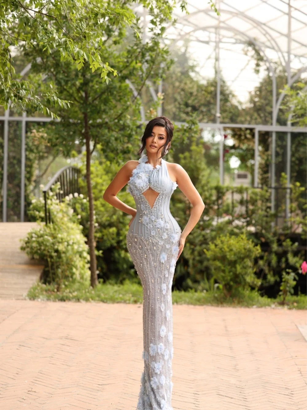 Opulent 3D Flower Beaded Party Dress 2026 Enchanting Dusty Blue Halter Neck Keyhole Evening Gown For Wedding Guests فساتين سهرة