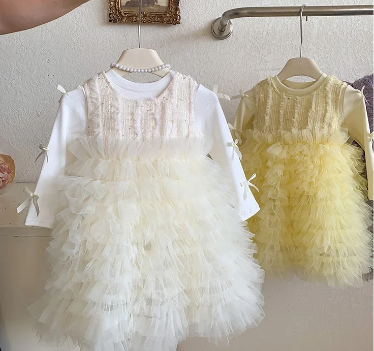 

New Baby Girls Fall Fashion Sets, White Top + Vest Mesh Cake Dress Princess Sweet Suits 2-6 T
