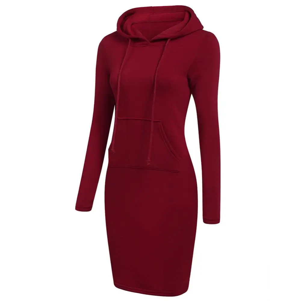 Capuz monocromático de manga comprida feminino, moletom com capuz, vestido bodycon bolso