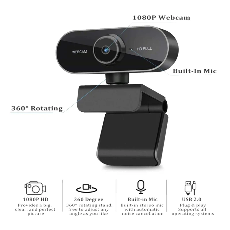 Webcam Full HD com Microfone e Tripé, PC, Desktop, Laptop, Plug and Play, USB, Câmera Web, 1080P