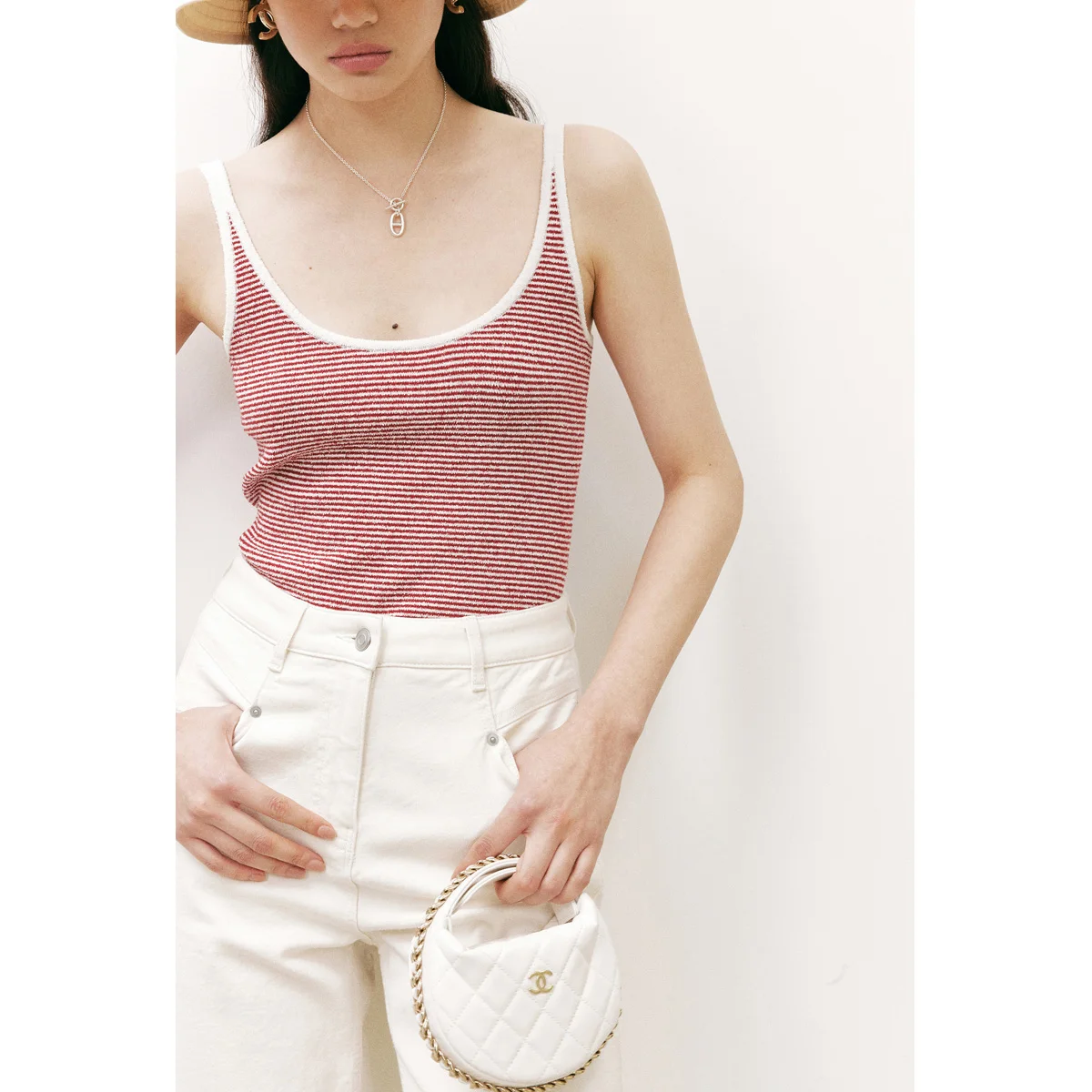 Trendy Stripe Knitted Camisole Women's Inner Wear Base Top Short Style Slim Fit Summer Vacation Style Color Block Circle Yarn